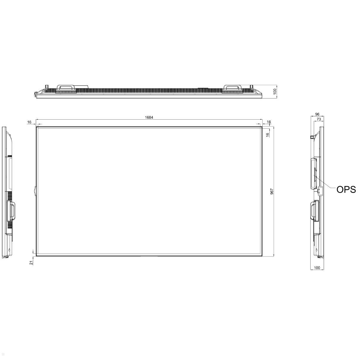 Clevertouch CM Digital Signage Display 75 Zoll LED 4K UHD (1290021EXP), technische Zeichnung Vorderseite