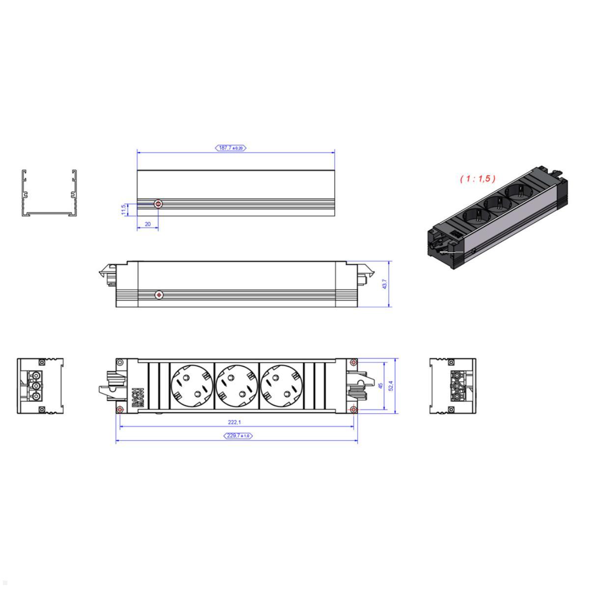 Bachmann STEP ALU 3-fach Steckdosenleiste GST18 (906.18815), Skizze