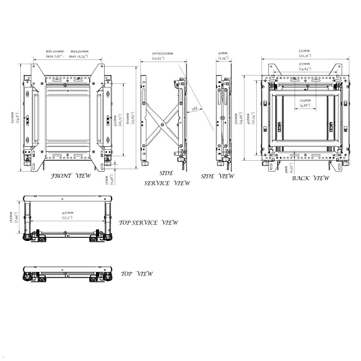 Edbak VWPOP65-P Pop-Out Videowall Wandhalterung bis 65 Zoll, hochformat technische Zeichnung