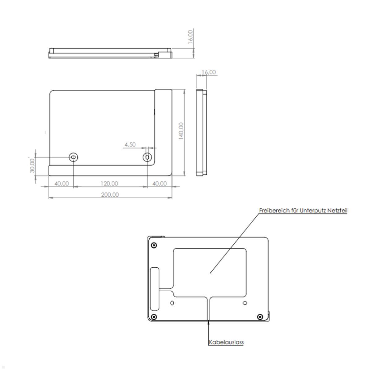 TabLines TWP030B Wandhalterung für Samsung Tab S9+ 12.4, schwarz, Zeichnung Maße ohne Tablet