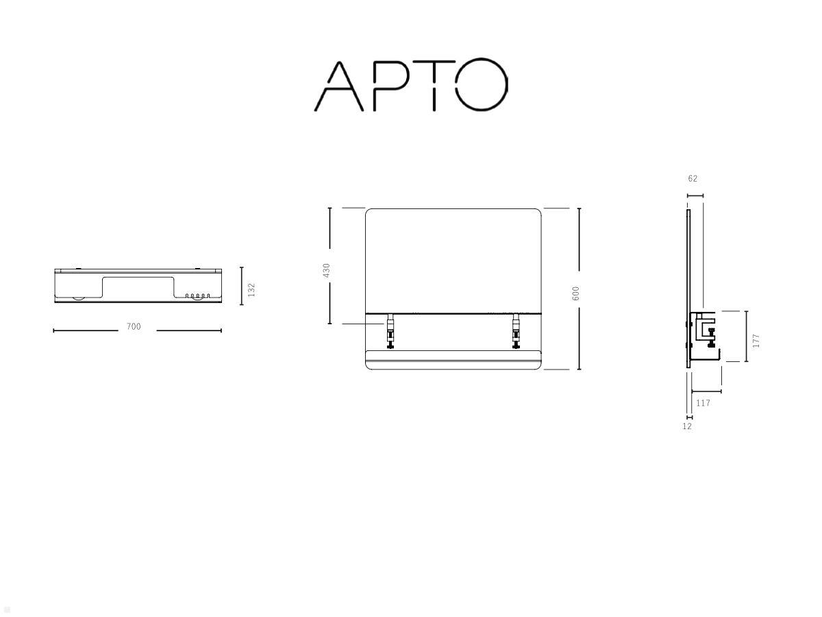 APTO Filz Schreibtisch Trennwand 70x60x1cm mit Tischklemmen, olivgrün technische Zeichnung