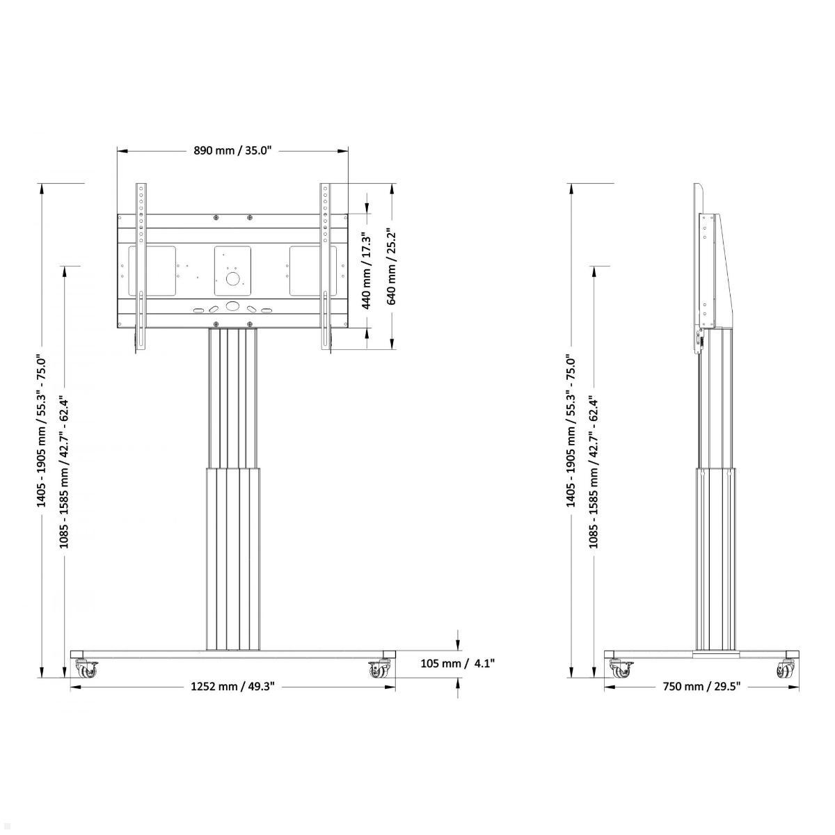 Conen SCETAC mobiler elektrischer TV Ständer 55 - 100 Zoll, silber, technische Zeichnung