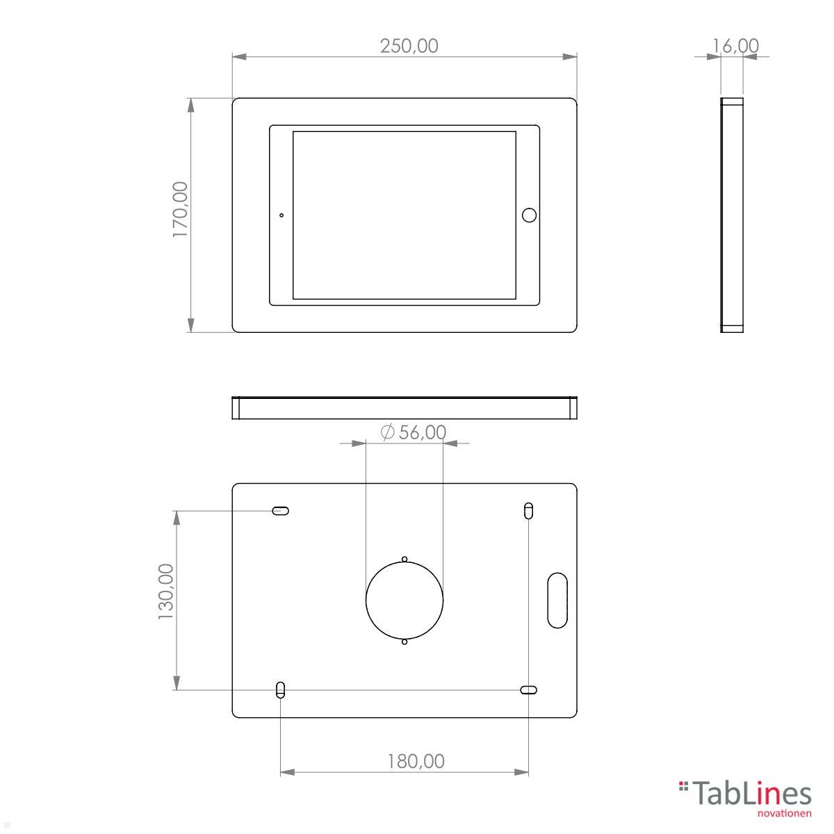 TabLines TWH046B Tablet Wandhalterung für Apple iPad Mini 4/5, schwarz technische Zeichnung