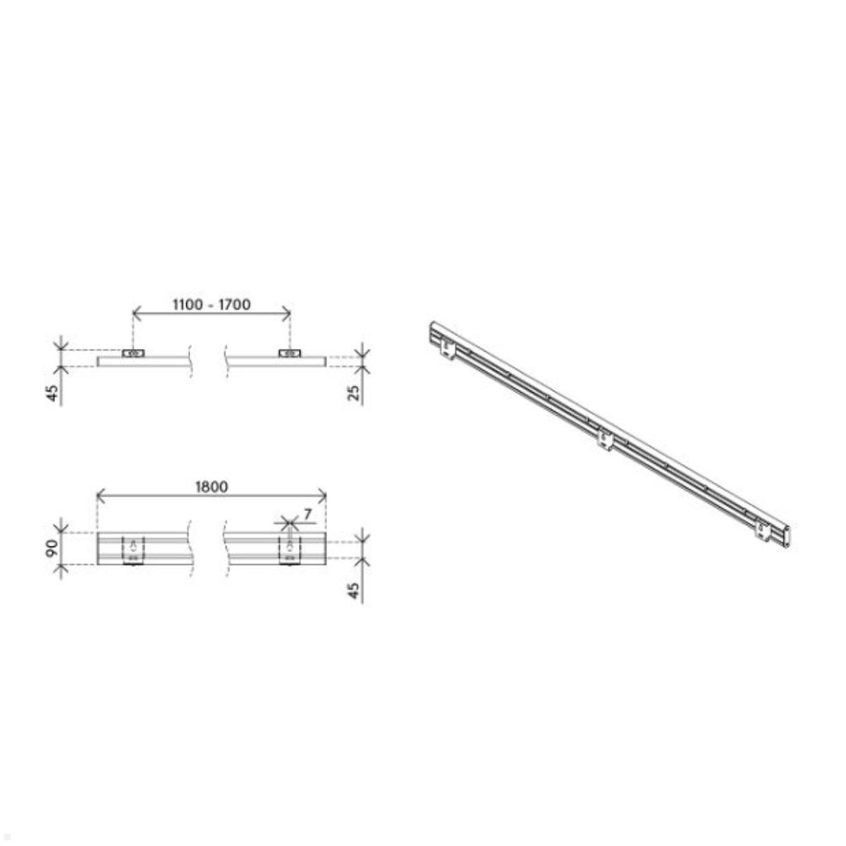 Dataflex Viewlite Schienensystem/Slatwall für die Wand 1800mm (58.718), Zeichnung Maße