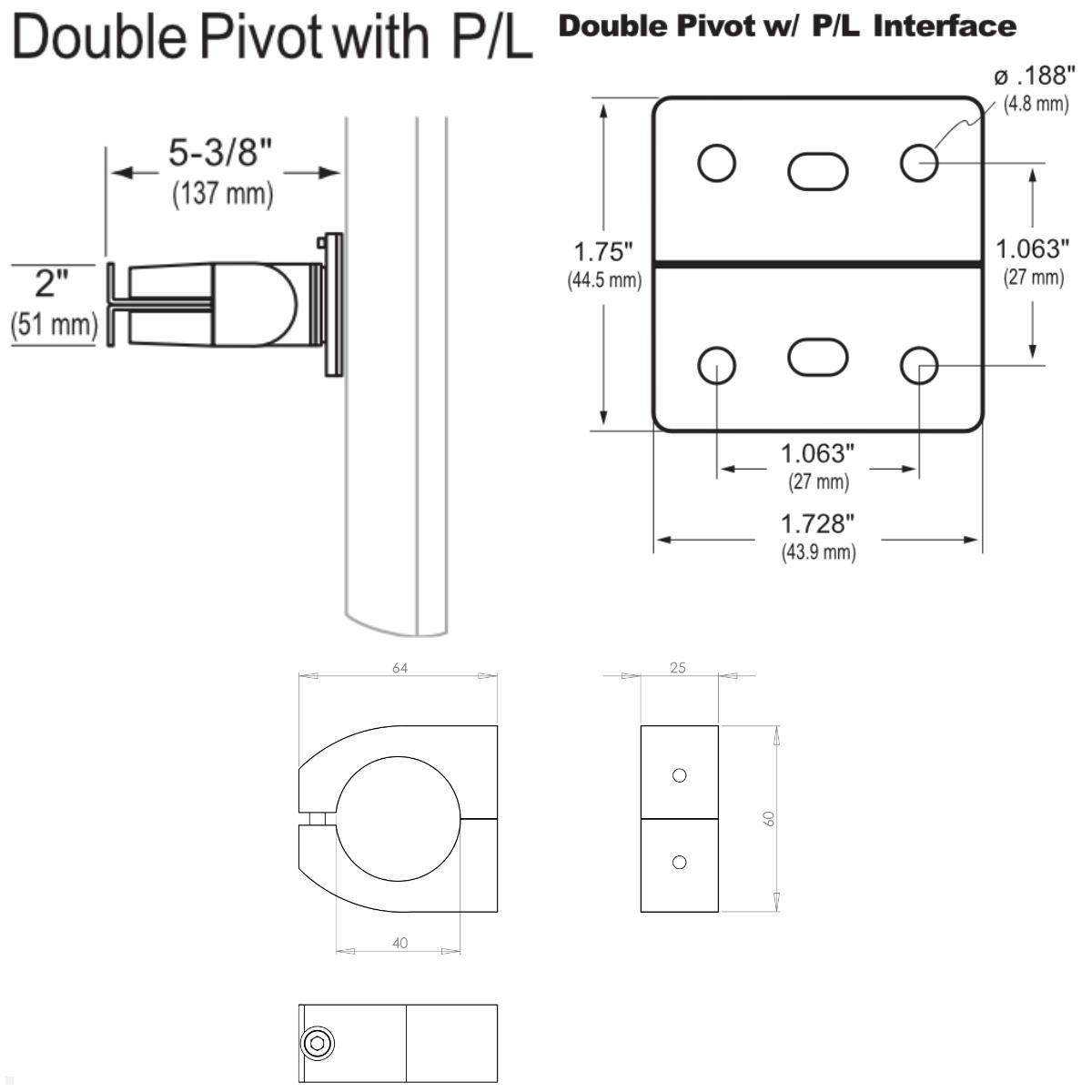 Ergotron Serie 100 Double Monitorhalterung für Rohre / Säulen 36-40 mm, technische Zeichnung