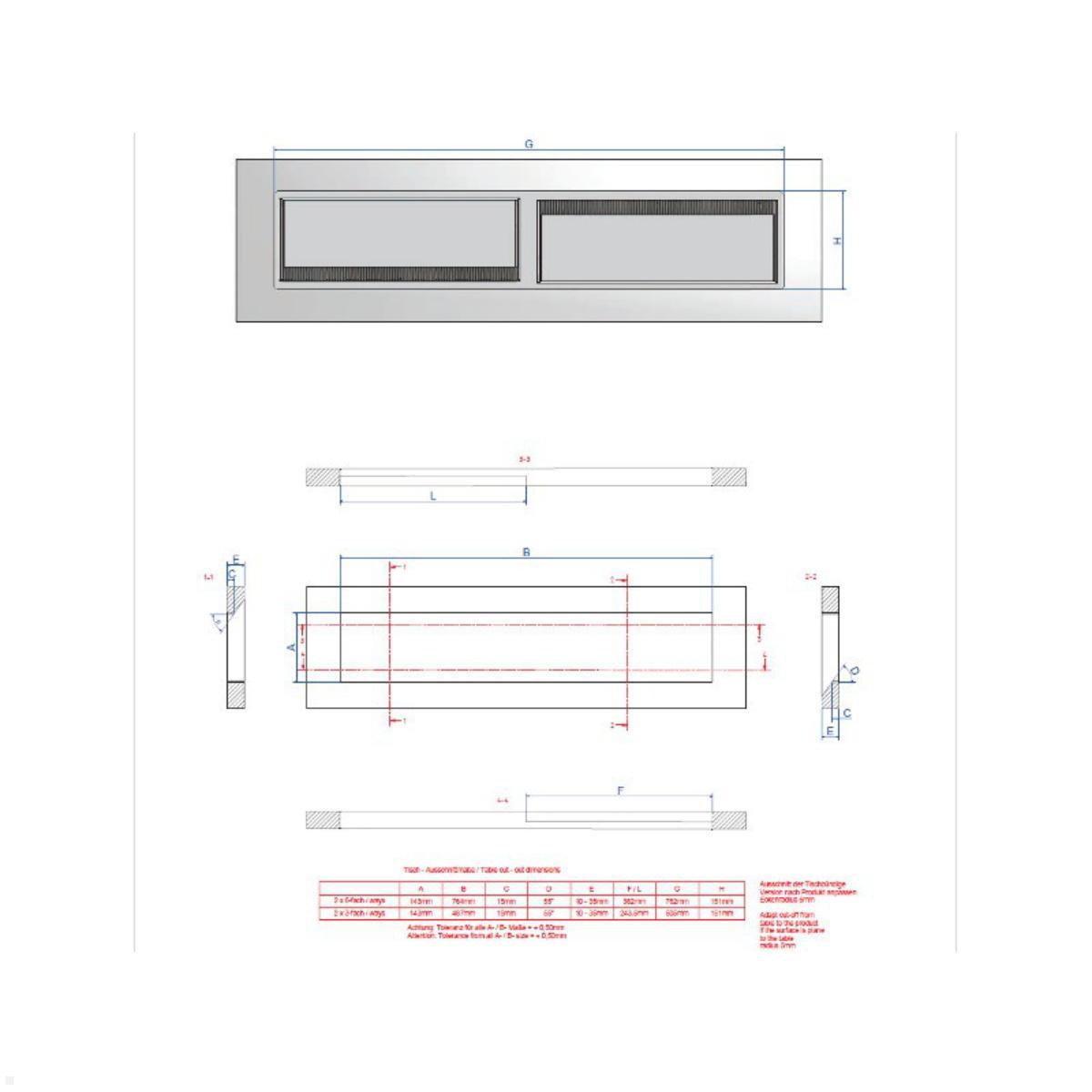 Bachmann CONI DUO Einbaurahmen lang, 2x 6-fach (911.048) schwarz, Maßzeichnung