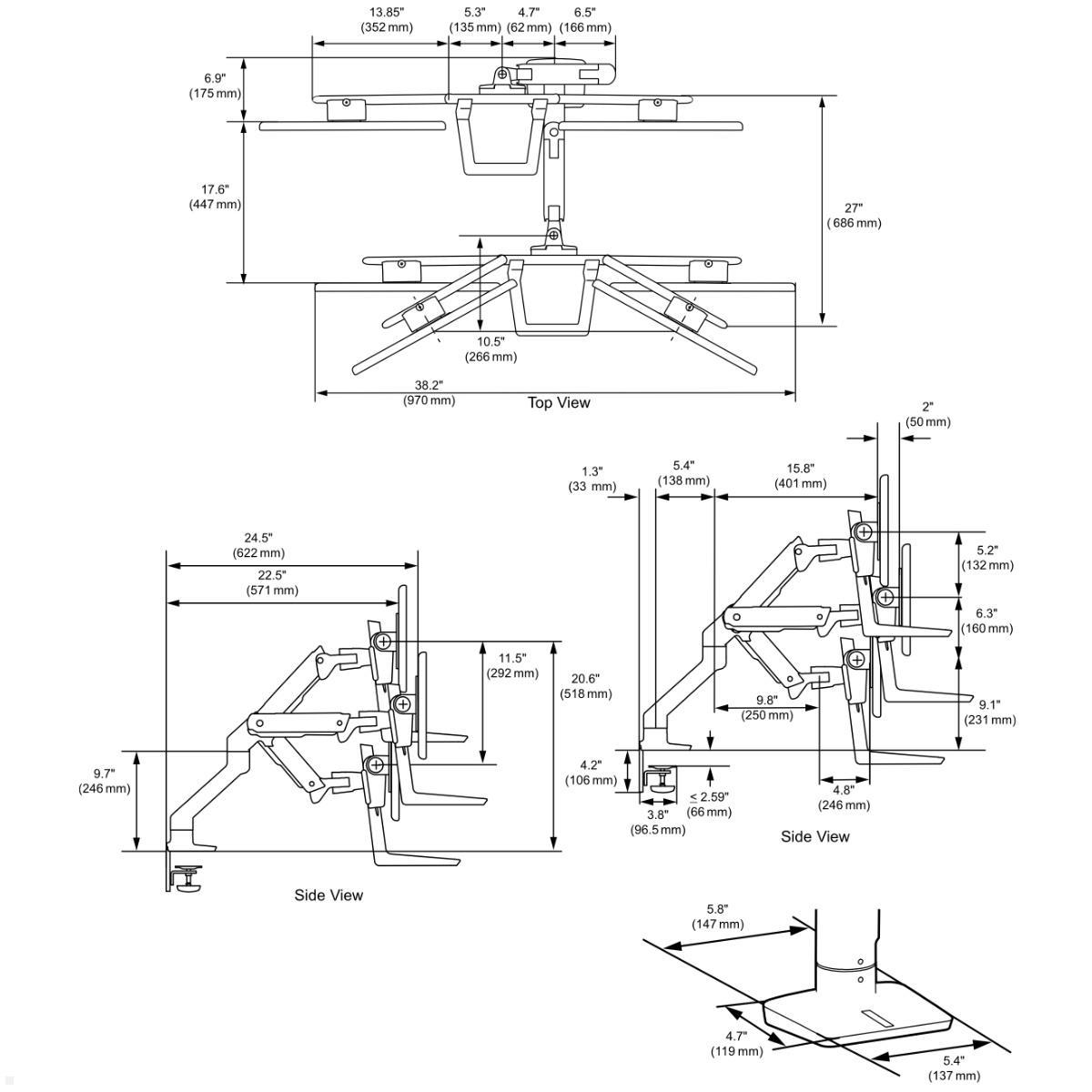 Ergotron HX Dual Monitorhalterung für USM Tisch, schwarz (46-477-225), technische Zeichnung