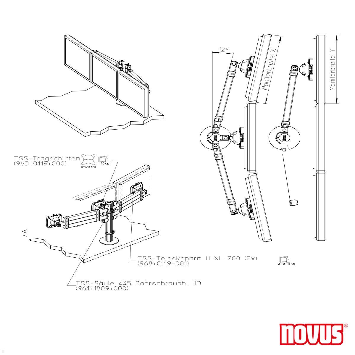 Novus Mehrplatzset TSS Trio Monitor Tischhalterung für 3 Monitore (220+0300+000) technische Zeichnung