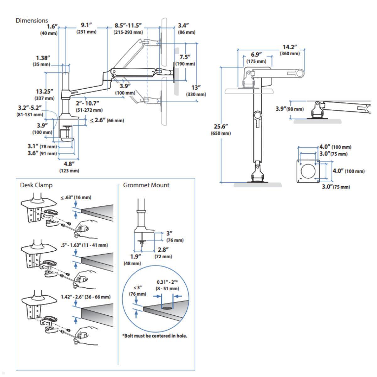 Ergotron LX Arm Monitor Halterung mit Tischklemme mit hoher Säule (45-537-224), Skizze