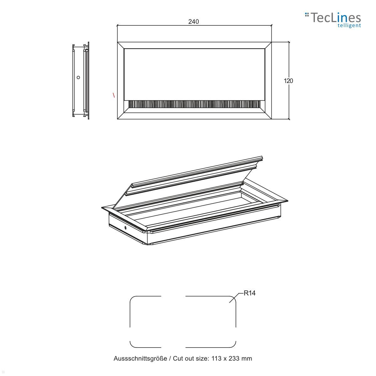 TecLines TKD012T Kabeldurchführung 240x120x25 mm, Titanium / schwarz technische Zeichnung