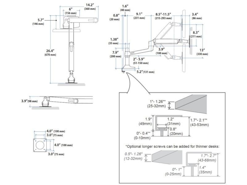 Ergotron LX Arm Monitor Tischhalterung mit C-Klemme (45-503-216) Maße