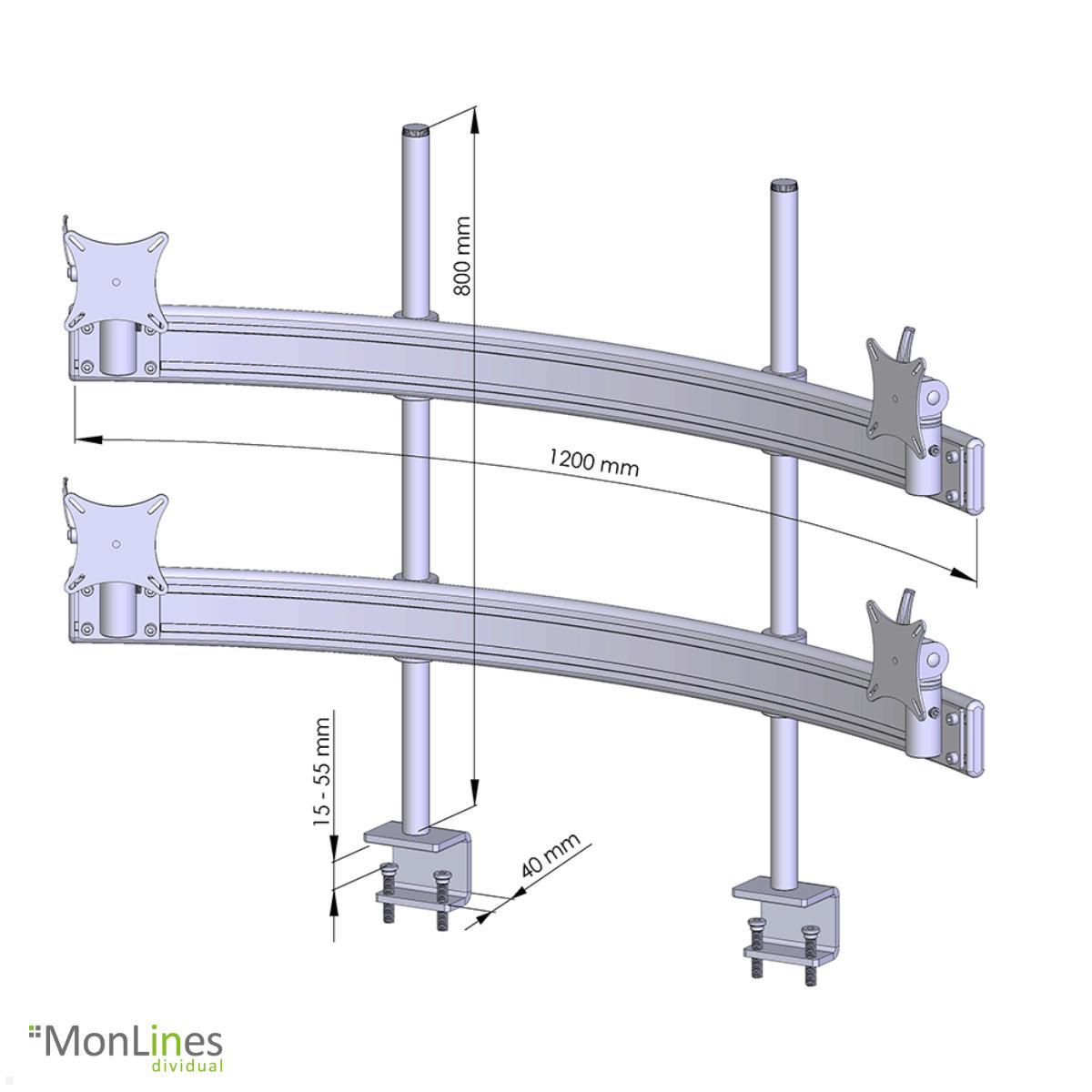 MonLines MTH280G Para 2+2 Monitorhalterung mit Tischklemme bis 32 Zoll, grau technische Zeichnung