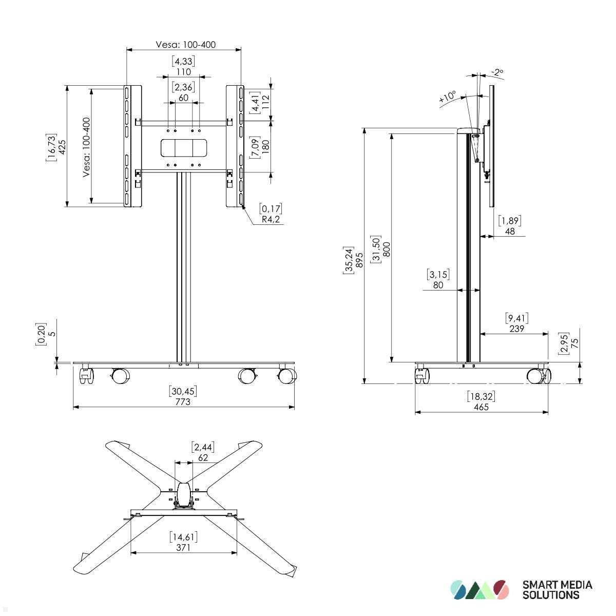 SMS Icon FM MT 800 mobiler Monitorständer bis 50 Zoll, silber (K12-001-7) technische Zeichnung