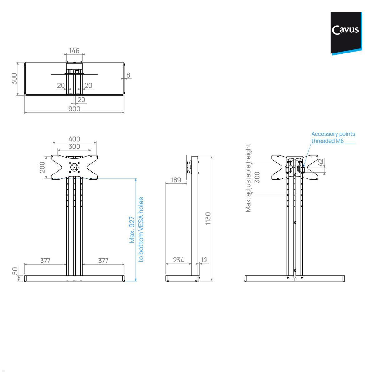 Cavus EDGE100B42 TV Bodenständer 1000 mm Säule VESA 400x200, schwarz technische Zeichnung