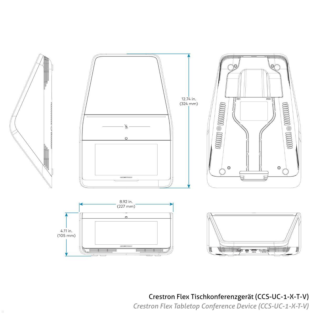 Crestron Flex Advanced Tabletop Videokonferenzsystem für Medium MS Teams Räume (UC-MX50-T) technische Zeichnung Tischkonferenzgerät