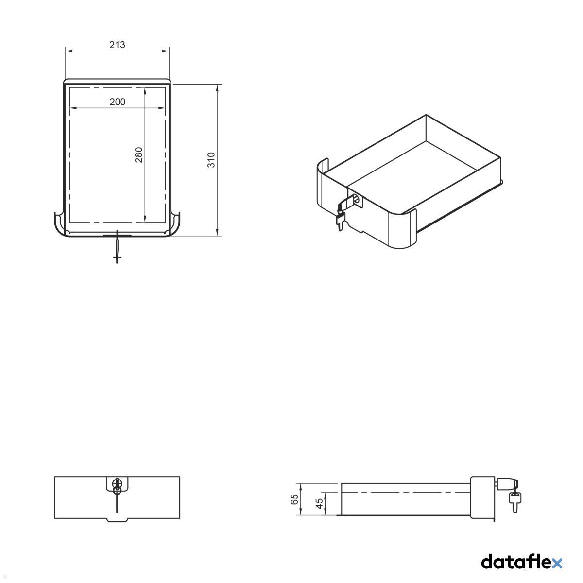 Dataflex Bento Desktop Locker 500 Untertisch Schrank mit Tischklemme (45.500), weiß technische Zeichnung Schublade