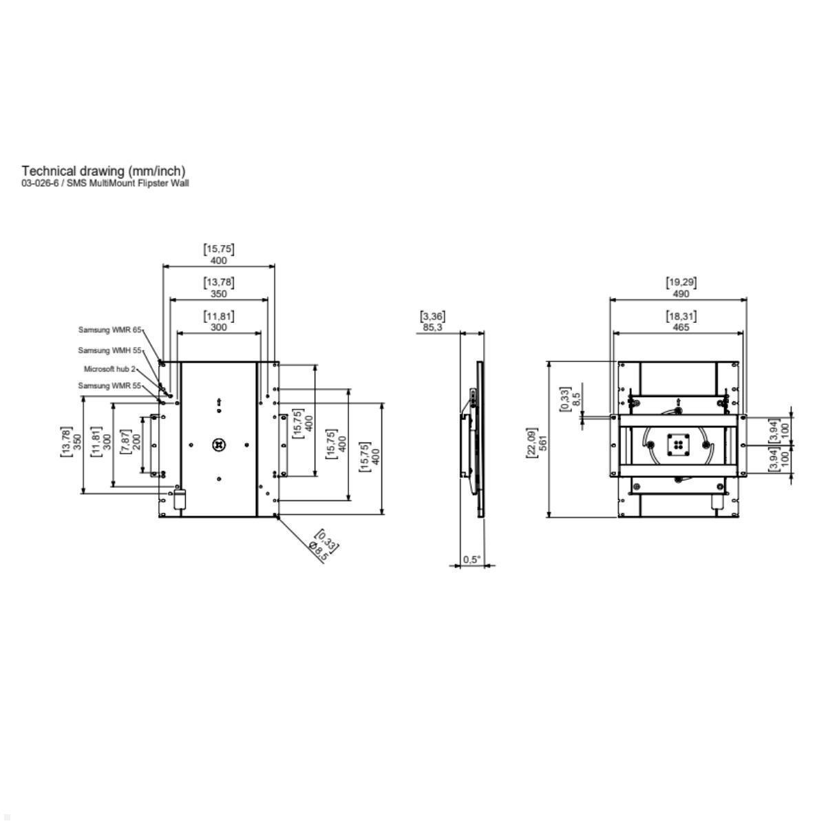 SMS MultiMount Flipster Wall Flipchart Wandhalter 32-65 Zoll, drehbar technische Zeichnung