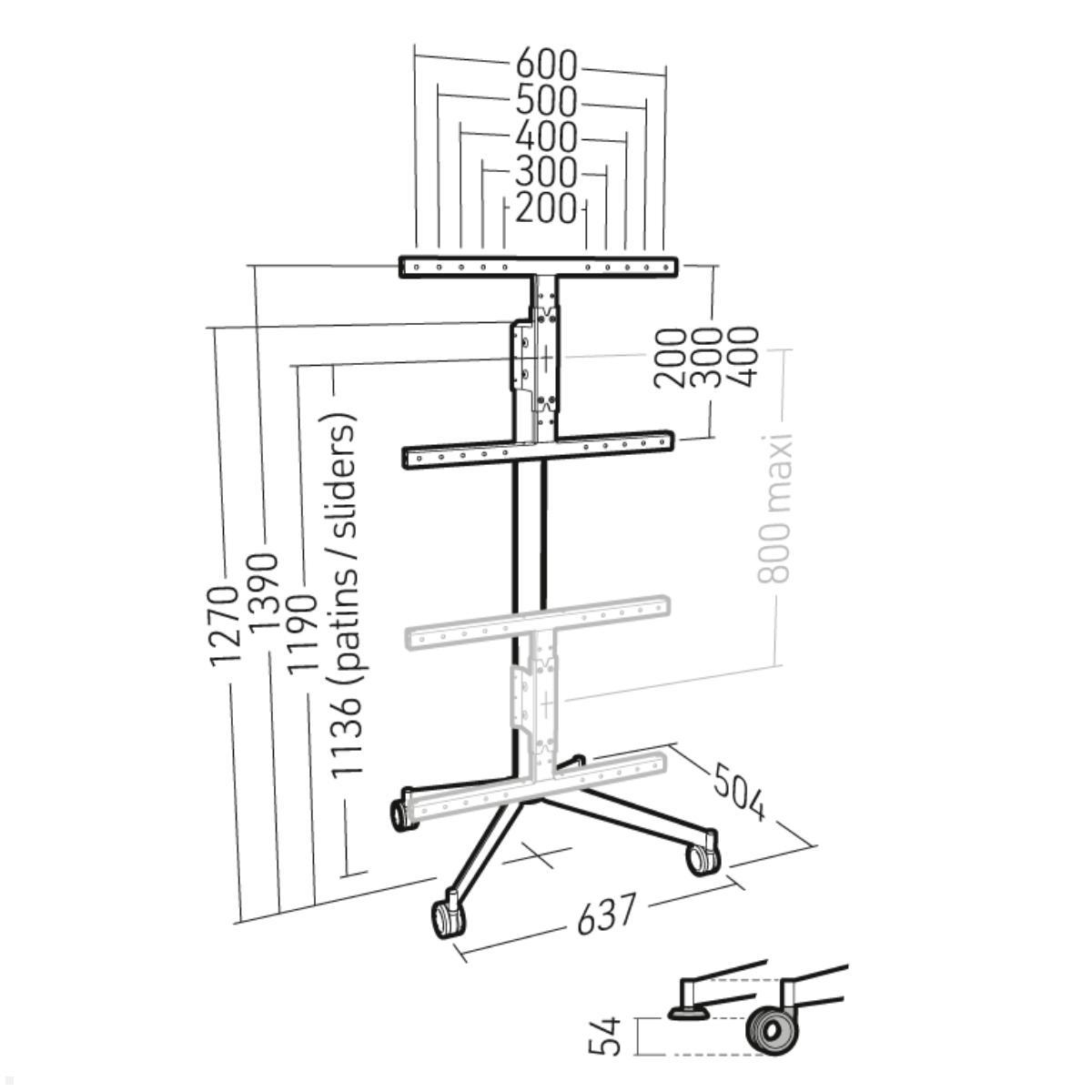 Erard KANA 1400XL mobiler TV Ständer 40-80 Zoll, silber / schwarz, Abmessungen mit Rollen