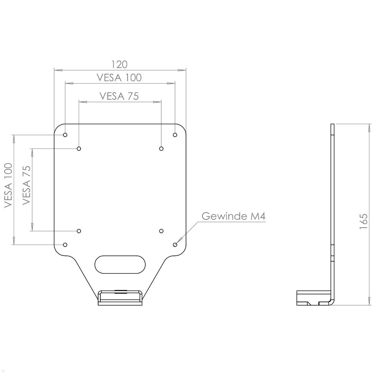 MonLines V045 VESA Adapter für HP 22xx, 23xx, 25xx, 27xx Monitore, technische Zeichnung