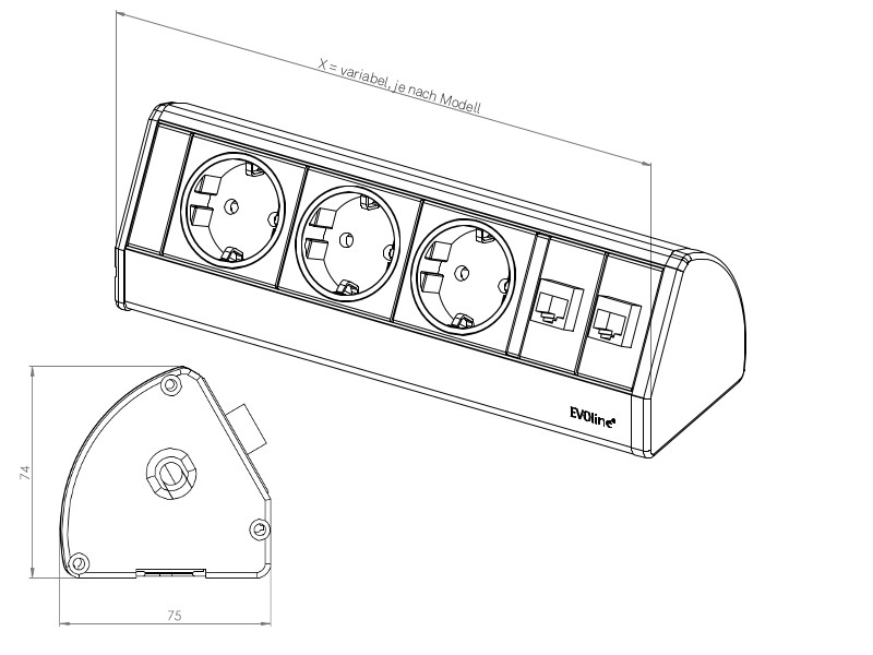 EVOline Dock small 3x Schuko ohne Zwinge Zeichnung