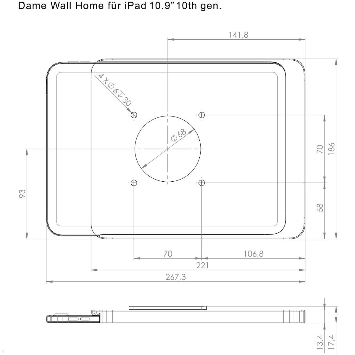 Displine Dame Wall Home Wandhalter Apple iPad 10.9 (10. Gen.), schwarz eloxiert, technische Zeichnung