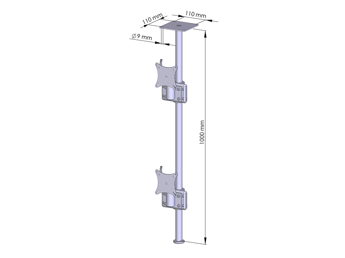 MonLines MDH201G Flat 2-fach vertikal Monitor Deckenhalter 25-30 Zoll, grau technische Zeichnung