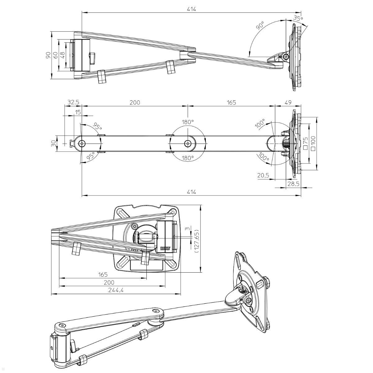Novus MY arm PM schwenkbare Monitorhalterung für Aluprofil, Maße