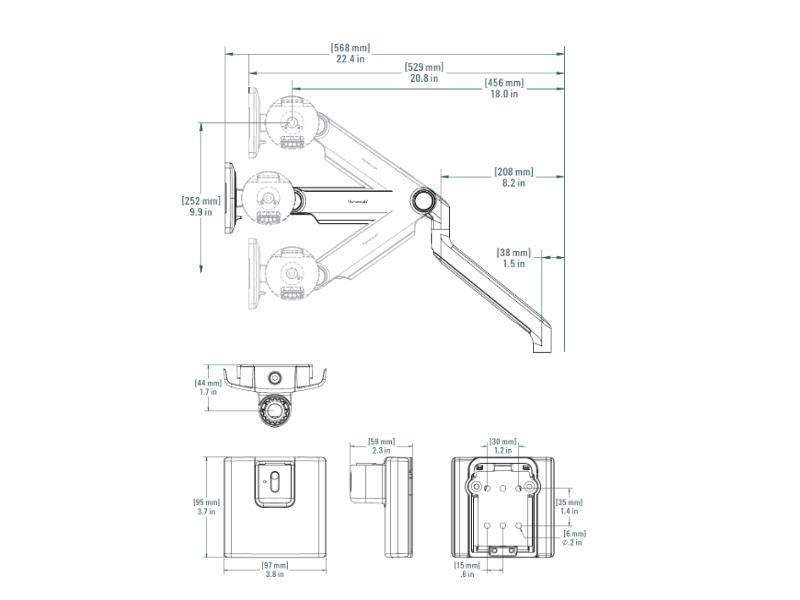 Humanscale M2.1 Monitor Wandhalterung, schräg, weiß  (M21HMWBTB) Technische Zeichnung