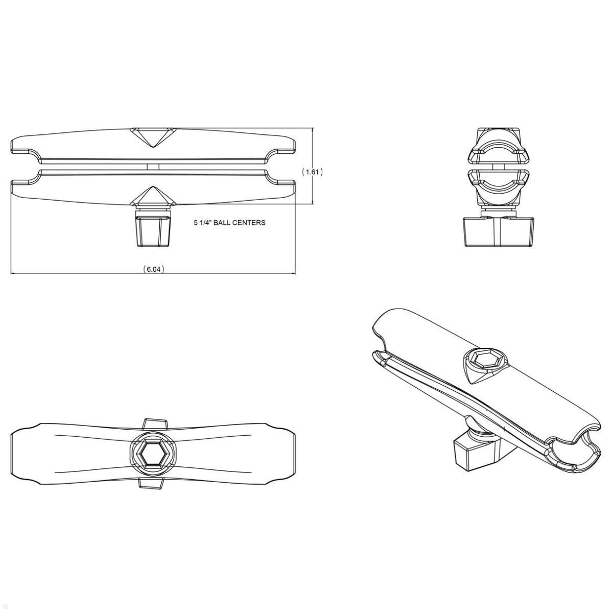 RAM Mounts Verbindungsarm 154 mm für B-Kugeln (RAM-B-201U-C), schwarz, technische Zeichnung