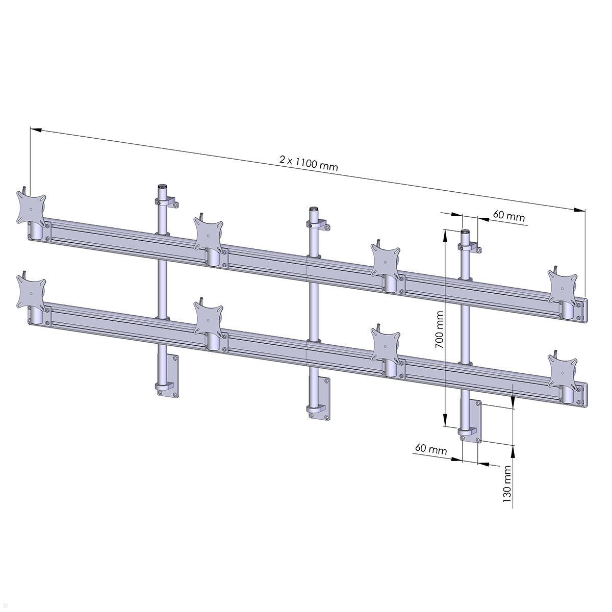 MonLines MWH218B Flat 4+4 Monitor Wandhalterung für 8 Monitore bis 32 Zoll, schwarz, Zeichnung Maße