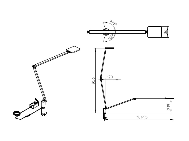 Novus Attenzia task LED Tischlampe schwarz ohne Klemme 740+1208+000 Zeichnung