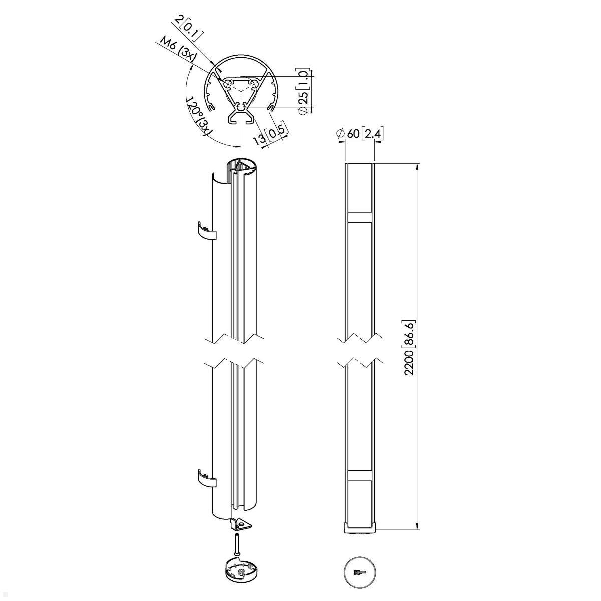 Vogels Connect-It PUC 2422 - 220 cm Säule für Deckenhalterung, silber, Zeichnung Maße