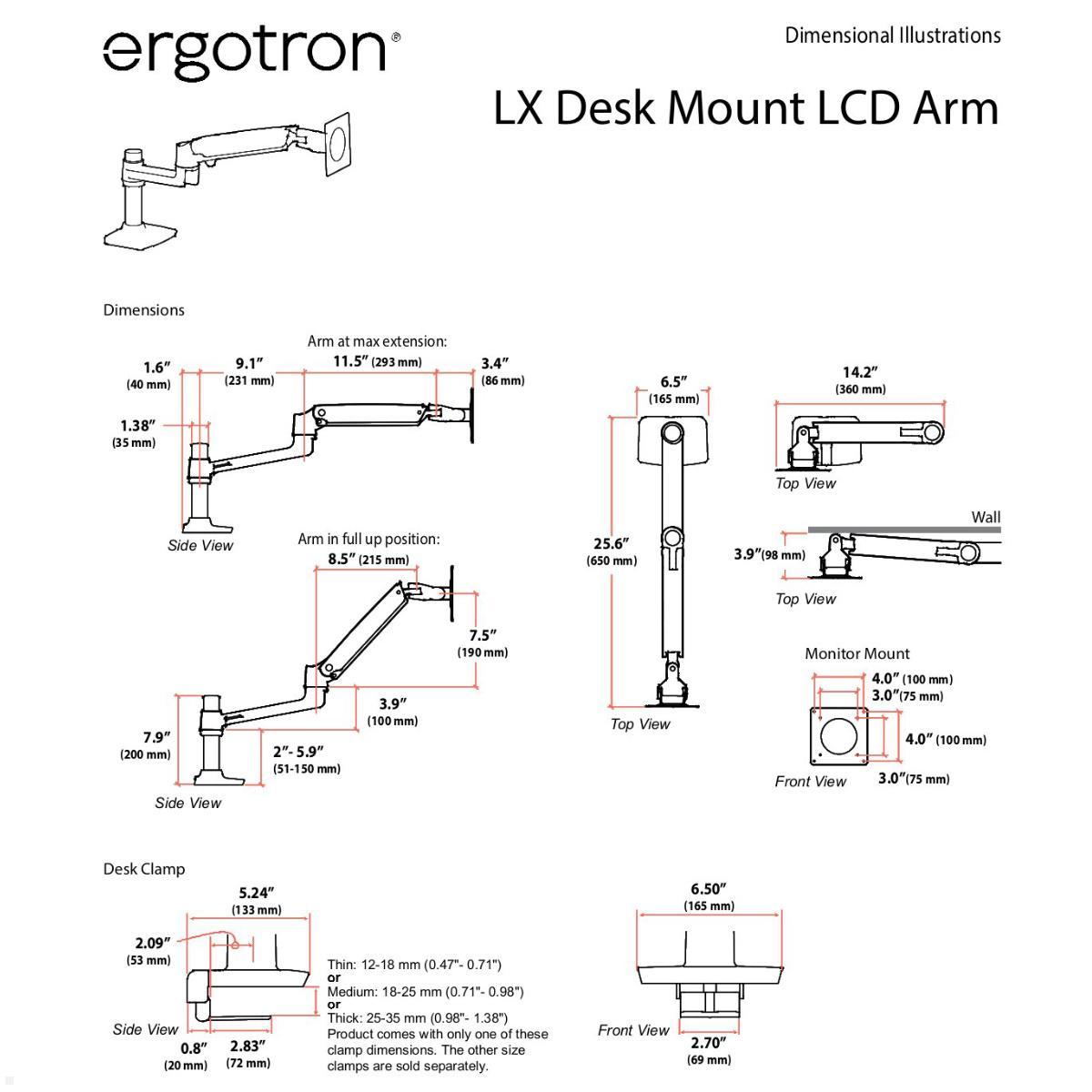 Ergotron LX Monitor Tischhalterung mit C-Klemme (45-608-224), Technische Zeichnung