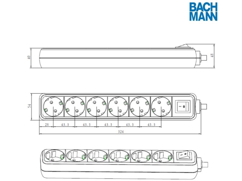 Bachmann SELLY 6-fach Steckdosenleiste mit Schalter, 1,5m Zuleitung, schwarz 381.144S Zeichnung