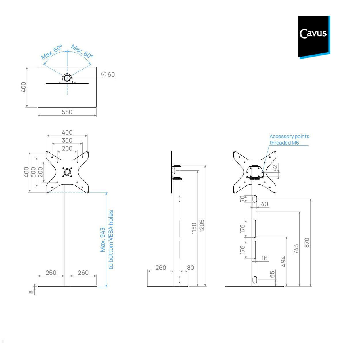 Cavus SQUARE120S44 TV Standfuß rechteckig 32 - 65 Zoll, Säule 120 cm technische Zeichnung