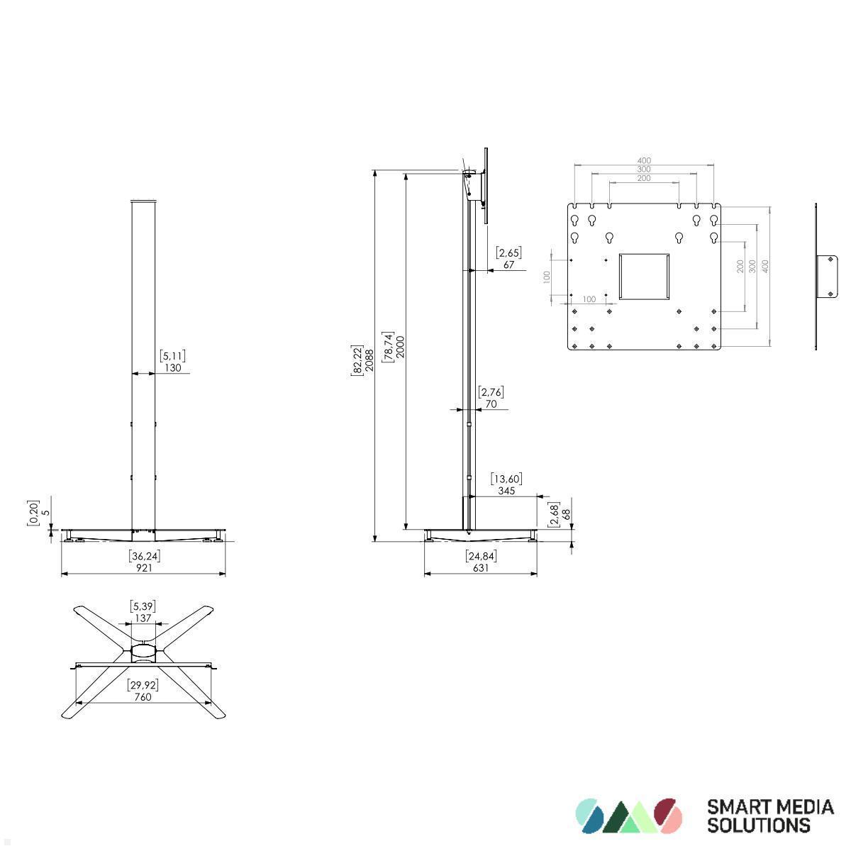 SMS Messekit Set Monitor Standfuß Icon FH T 2000 C mit Transportcase, Skizze Ständer