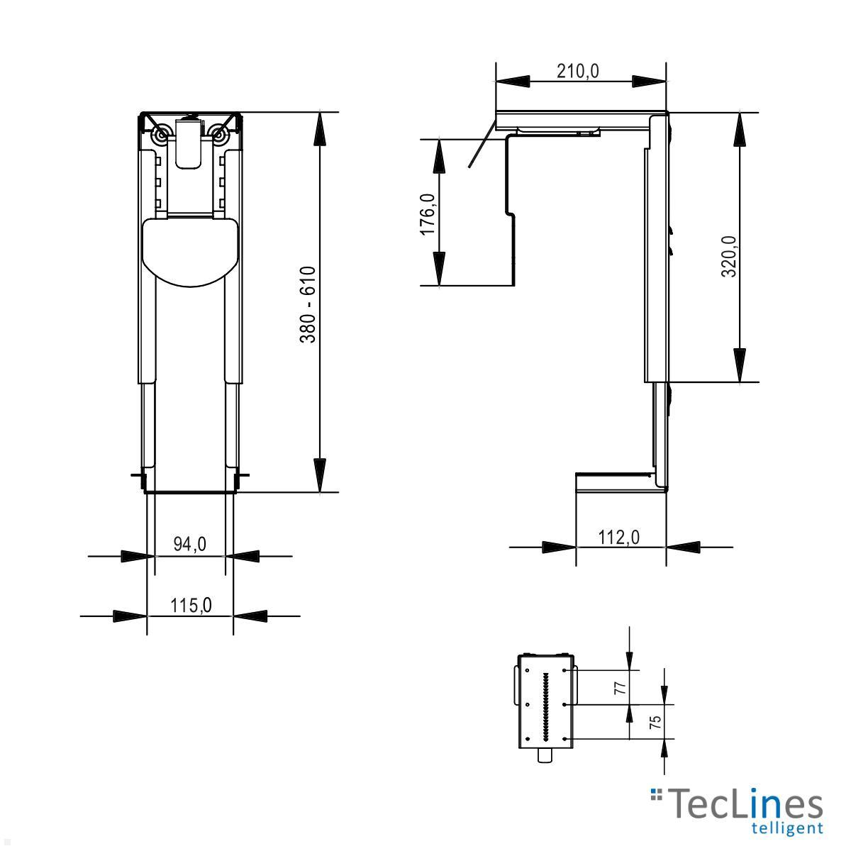 TecLines TPH001B PC Halterung Untertisch 80-220 mm, schwarz technische Zeichnung