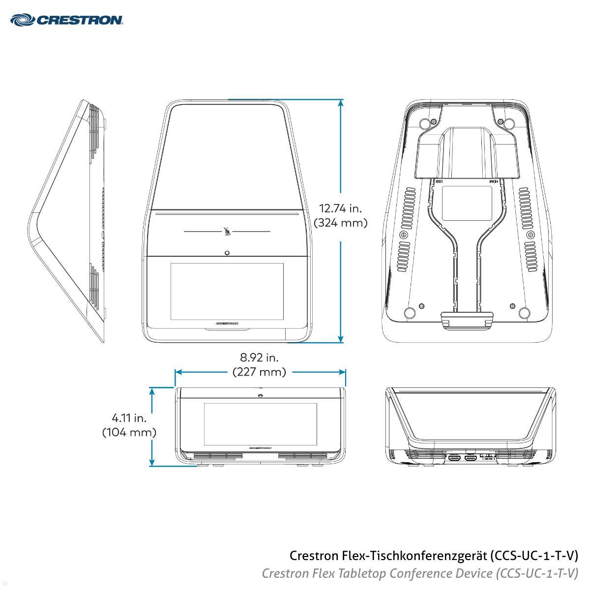 Crestron Flex Tabletop Videokonferenzsystem für große MS Teams Räume (UC-M70-T) technische Zeichnung Tabletop