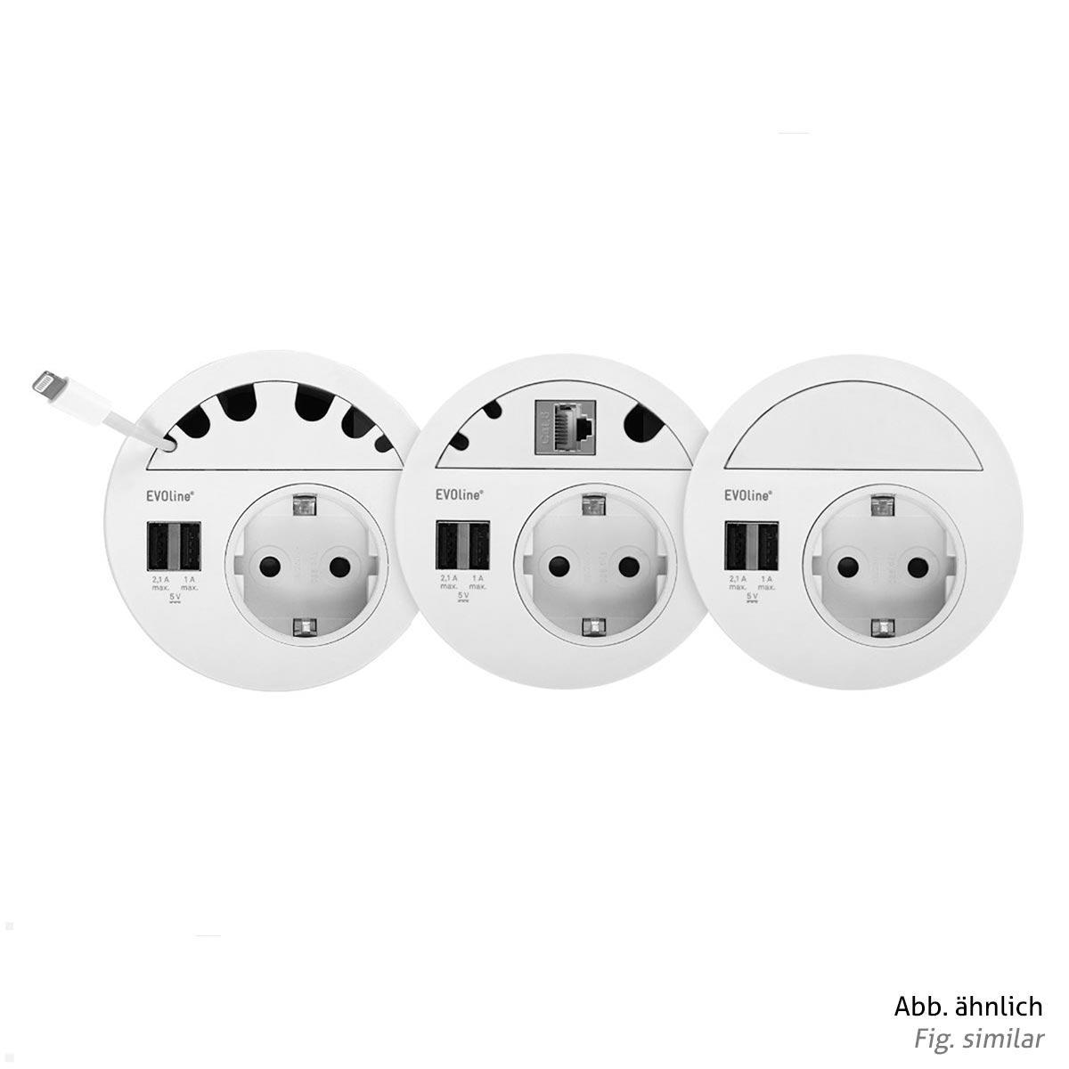 EVOline Circle80 Einbausteckdose mit USB-Charger A/C, Blende CAT6A, Variantenübersicht