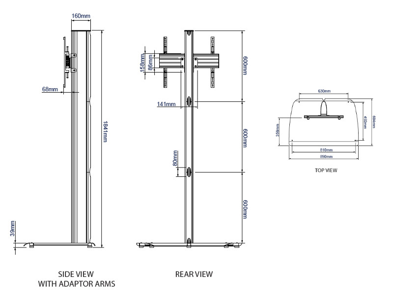 B-Tech BTF840/BB System X Monitorständer 39"-65" schwarz Maße side