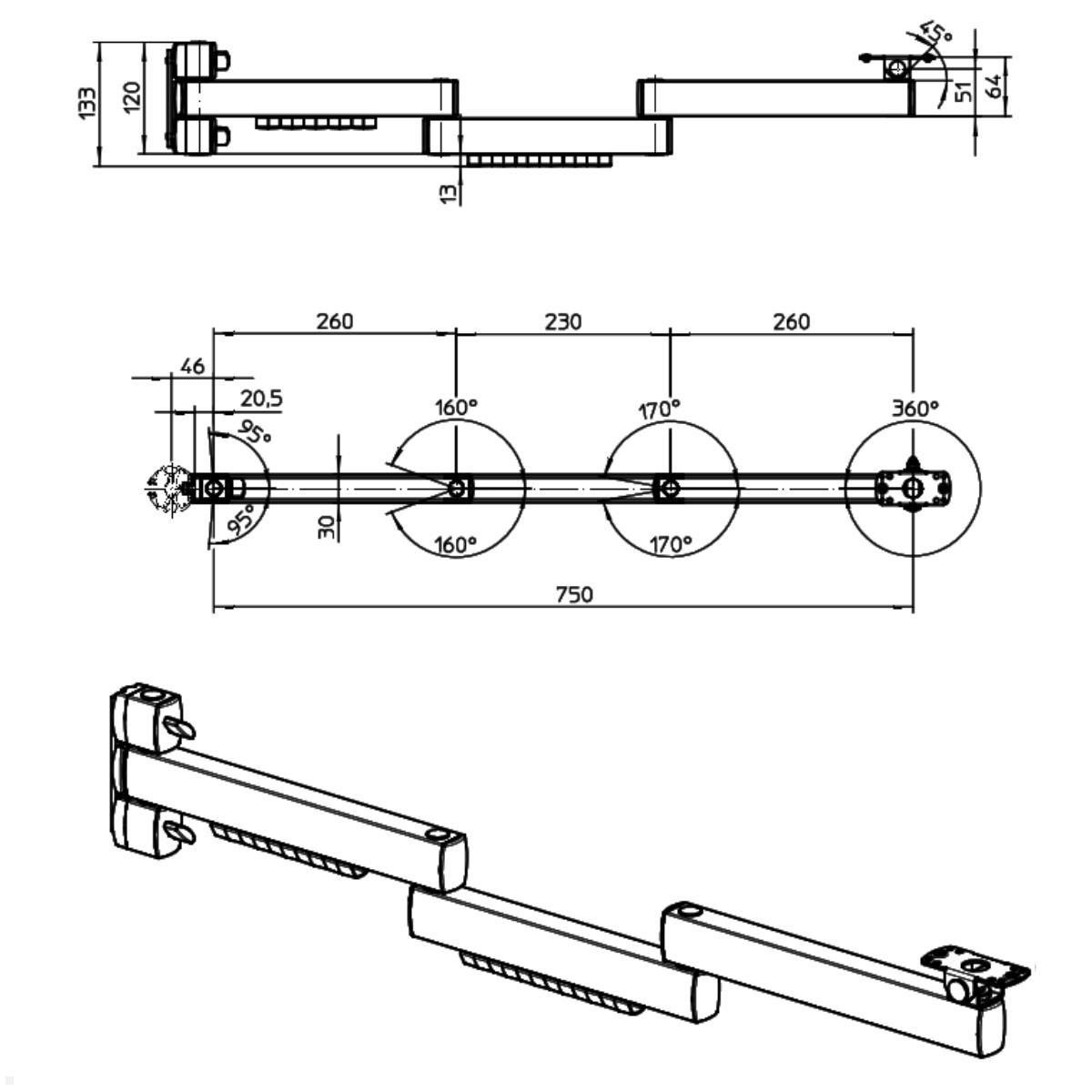 Novus POS Schwenkarm 853+7509+000 XL Tragarm, silber, Technische Zeichnung