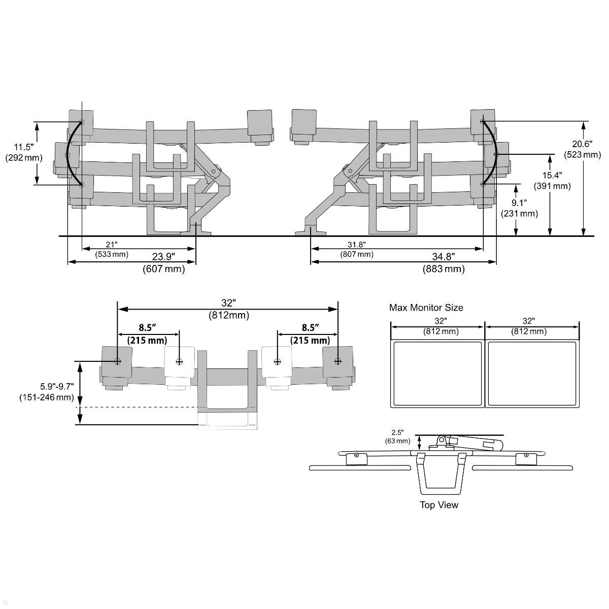 Ergotron HX Dual Monitorhalterung für USM Tisch, schwarz (46-477-225), Abmessungen