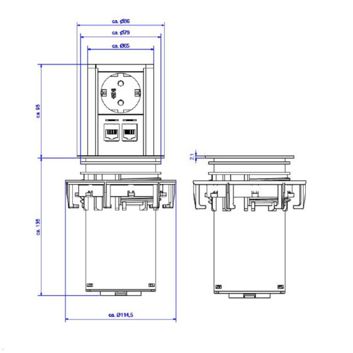 Bachmann ELEVATOR versenkbare Steckdose mit 2x CAT6A (928.0040), Skizze