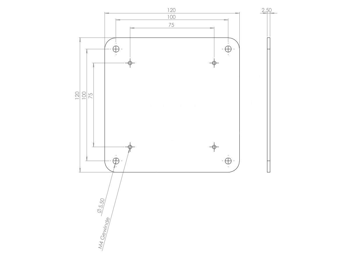 MonLines V005B VESA Adapter von 75x75 auf 100x100 mm technische Zeichnung