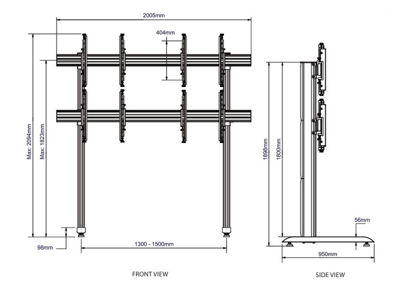 B-Tech BT8370-2x2/BS System X Video Wall Standfuß 46"-60" Zeichnung