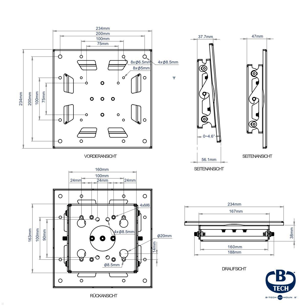 B-Tech BT7549/B Monitorhalterung 90Grad Drehung/Pivot bis 47Zoll, 25kg technische Zeichnung