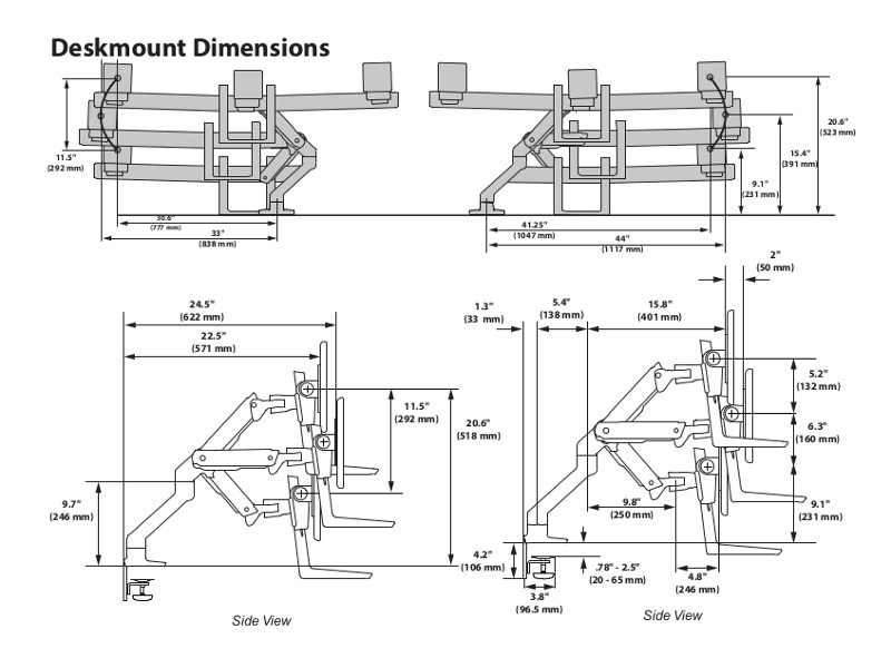 Ergotron HX Arm 3-fach Monitor Tischhalterung Maße