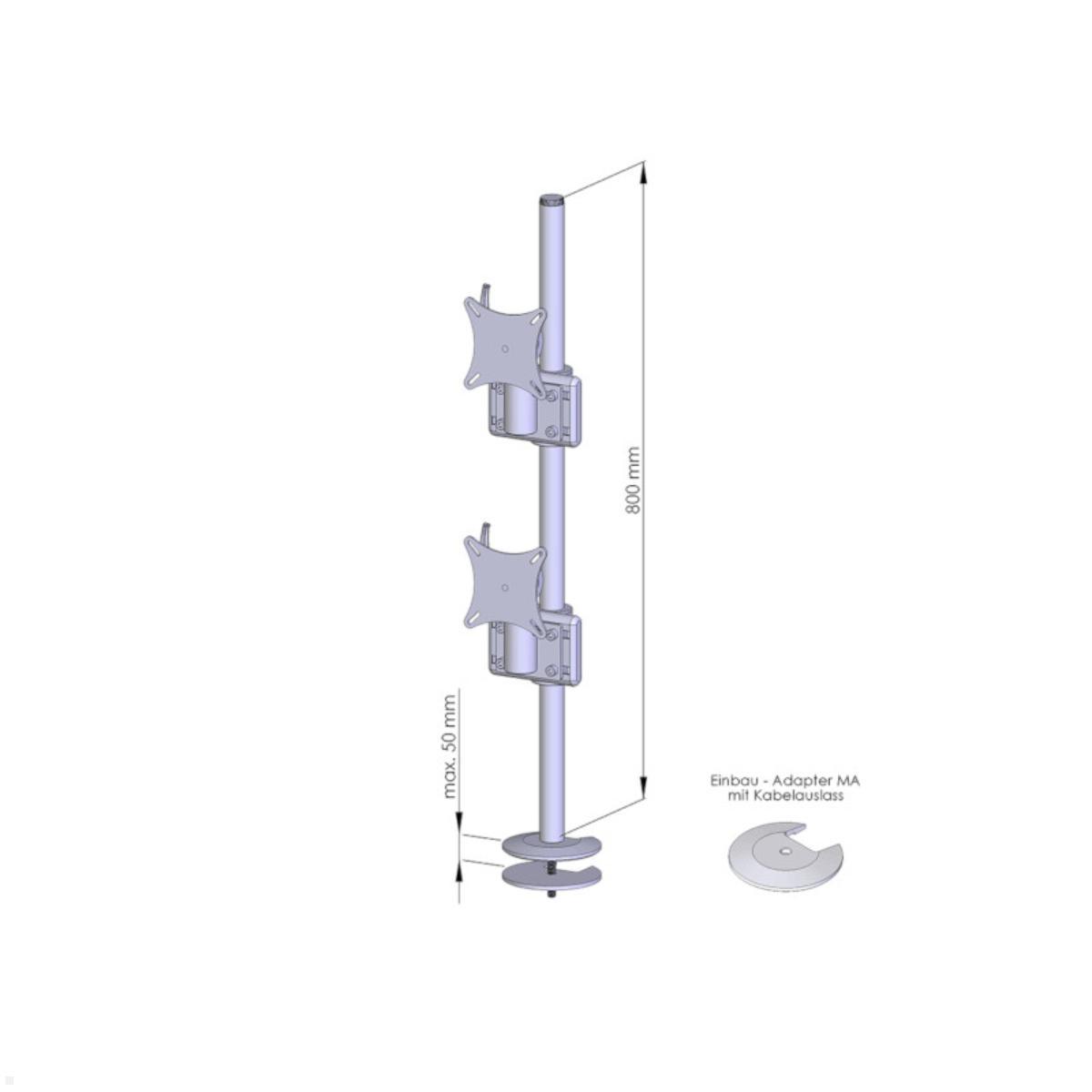 MonLines MTH201B Flat 1+1 Display Tischhalterung Einbau 25-32 Zoll, schwarz, Zeichnung Maße