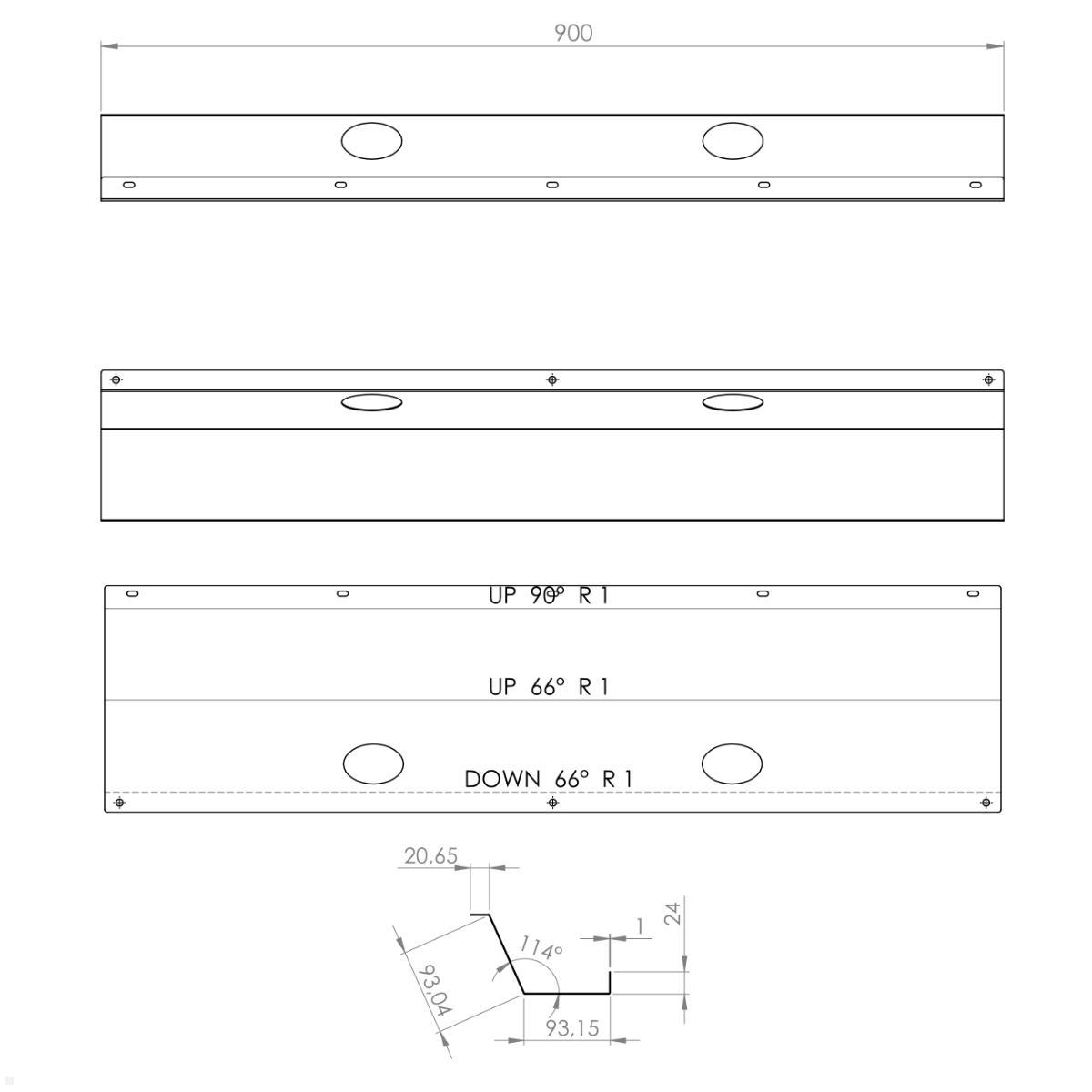 TecLines TKK006S Kabelkanal Schreibtisch 90 cm, silber, technische Zeichnung