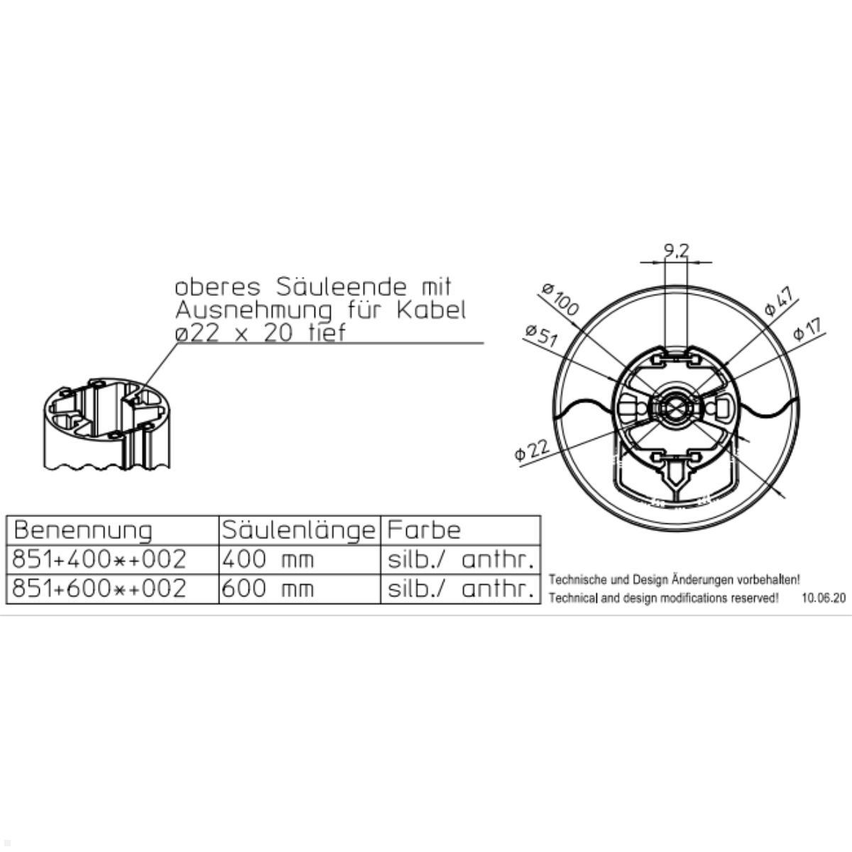 Novus POS base 600 Säule mit Kabelübergang (851+6005+002), anthrazit, Zeichnung Maße